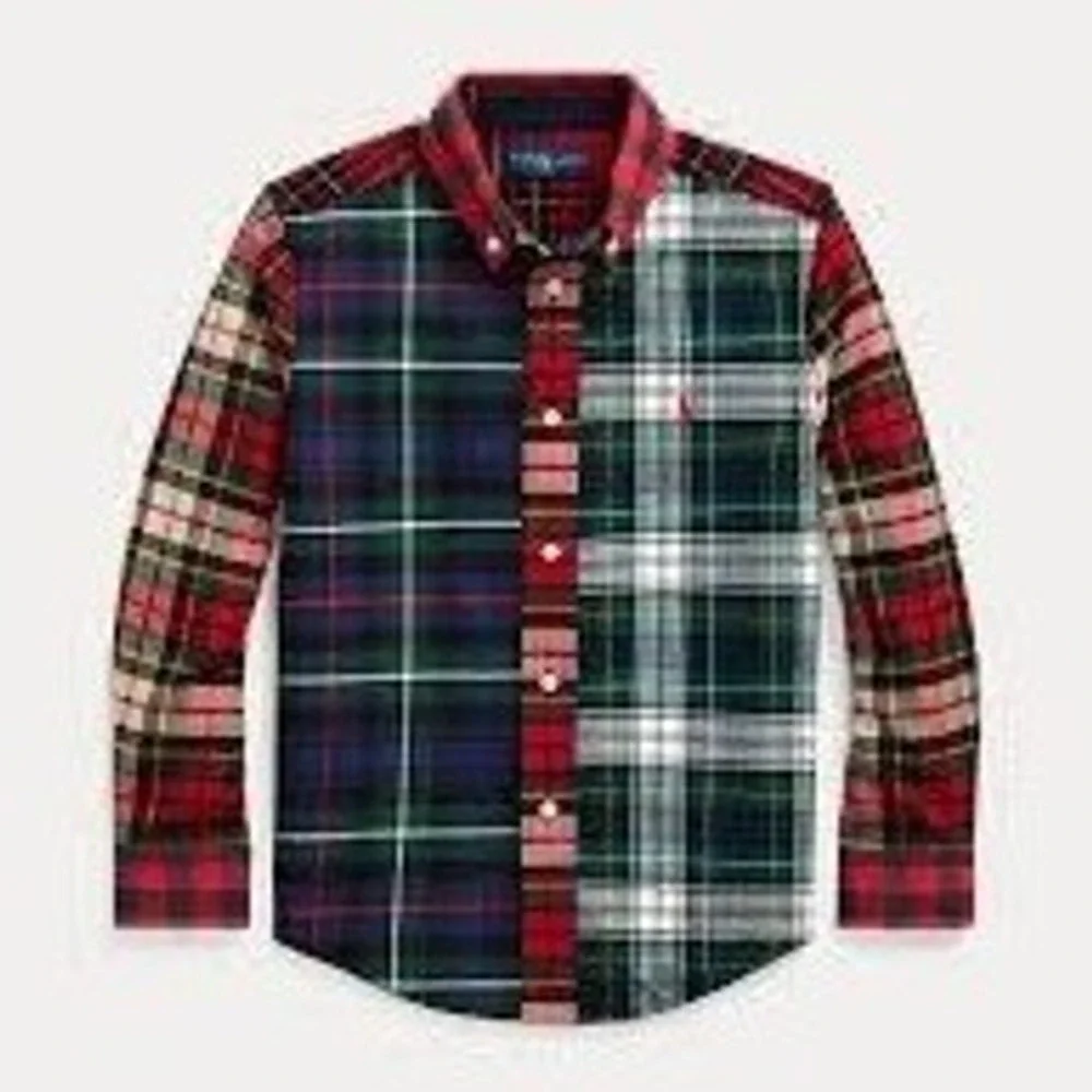 Ralph Lauren Plaid Fun Shirt Boys M 10-12 Multicolor Mixed Tartan Button Down